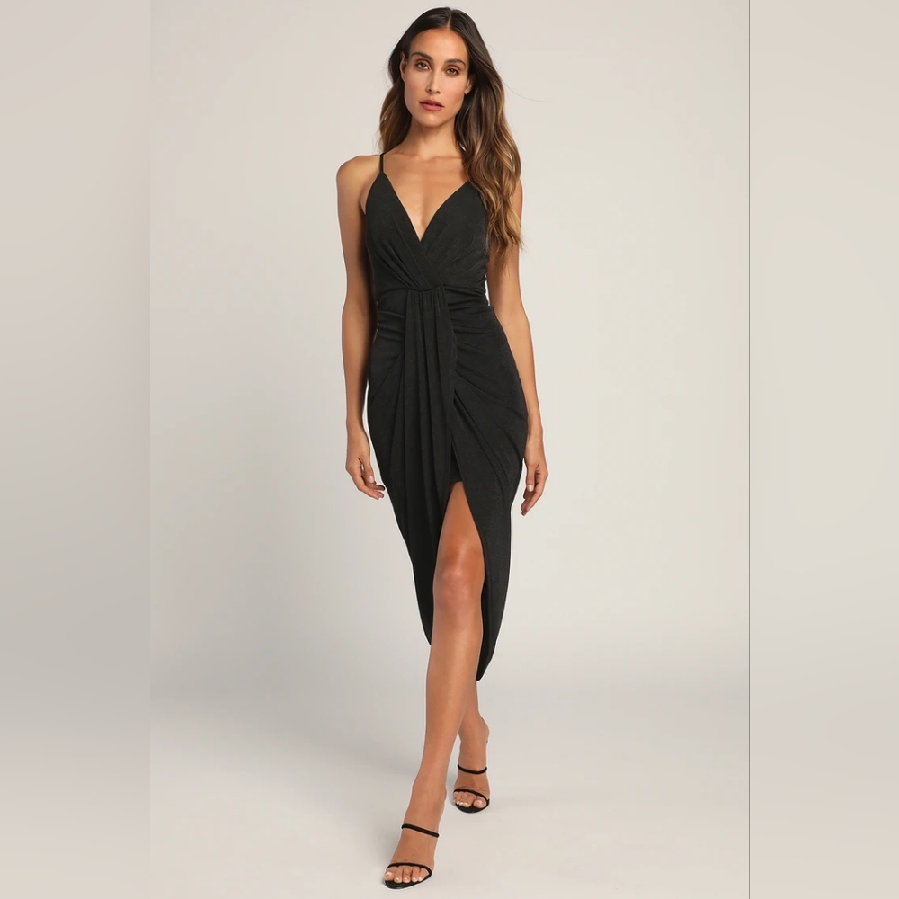 Lulu's Dreamy Date Black Surplice Midi Dress sz Medium